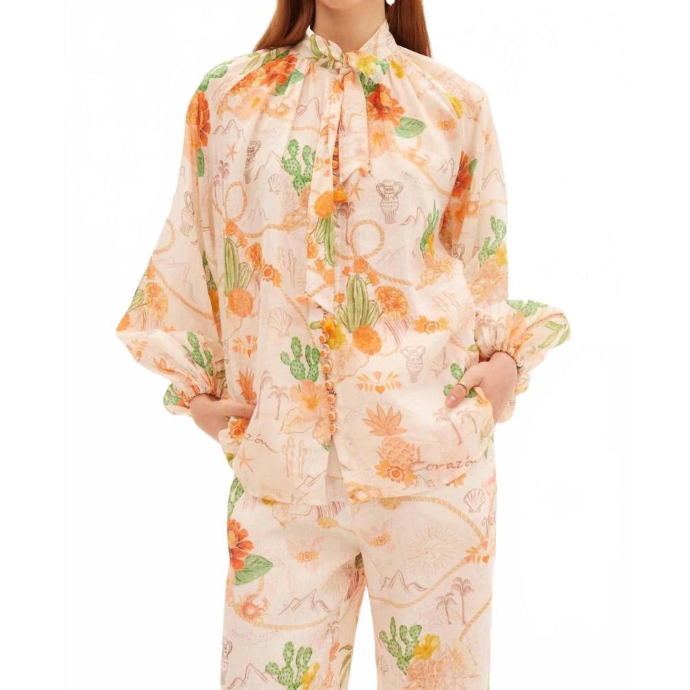 NEW KATE FORD tacana tie buttoned blouse in multi
